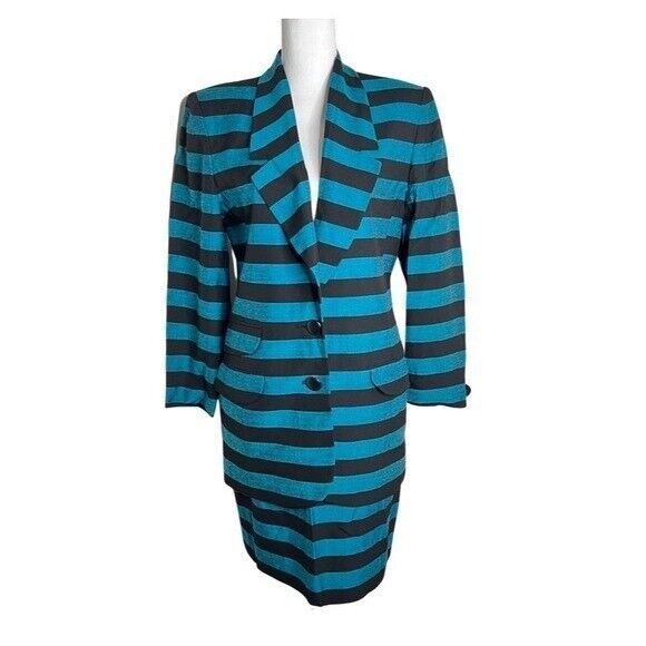 Vintage Christian Dior Striped Blazer Skirt Suit‎ Set Teal Black Career Size 10 - Picture 1 of 15